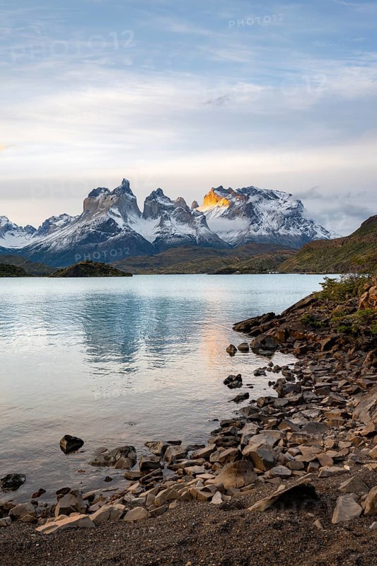 Cuernos del Paine mountain range at sunset, reflection in Lago Pehoe, Torres del Paine National Park, Chile