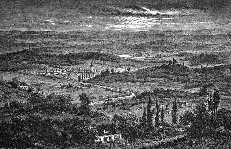 Hilly landscape near Arnstadt, forest, sandy road with horse-drawn carriage, village with church, mountain and valley, idyll, cloudy sky, Thuringia, historical view, Germany, Seydlitz Geography 1885