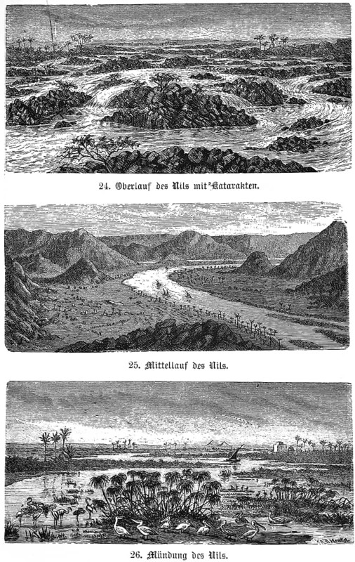 The Nile, river landscape upper course with cataracts, middle course through oases, mountain landscape, dhow boats, water landscape of the delta mouth with pelicans and flamingos, palm trees, Egypt, historical views, Seydlitz Geography 1885