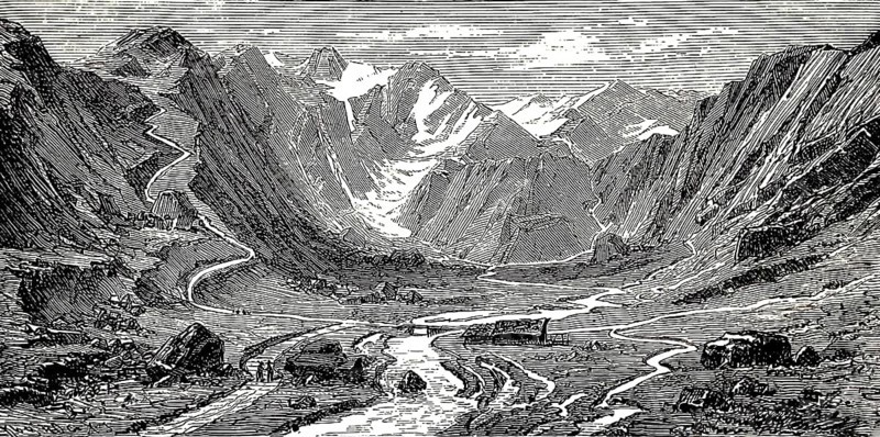 Pinzgau with high mountain valley, river course, agricultural farms, pass roads, snow-covered mountain landscape, Hohe Tauern, idyll, Austria, historical view, Seydlitz Geography 1885