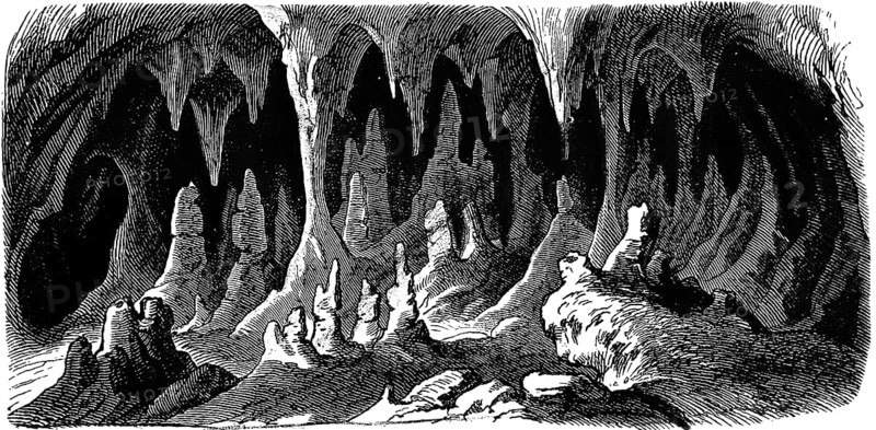 Postojna Caves or Adelsberg Grotto, limestone cave, cave system, stalactites, stalagmites, geology, geological history, Slovenia, historical view, Seydlitz geography 1885