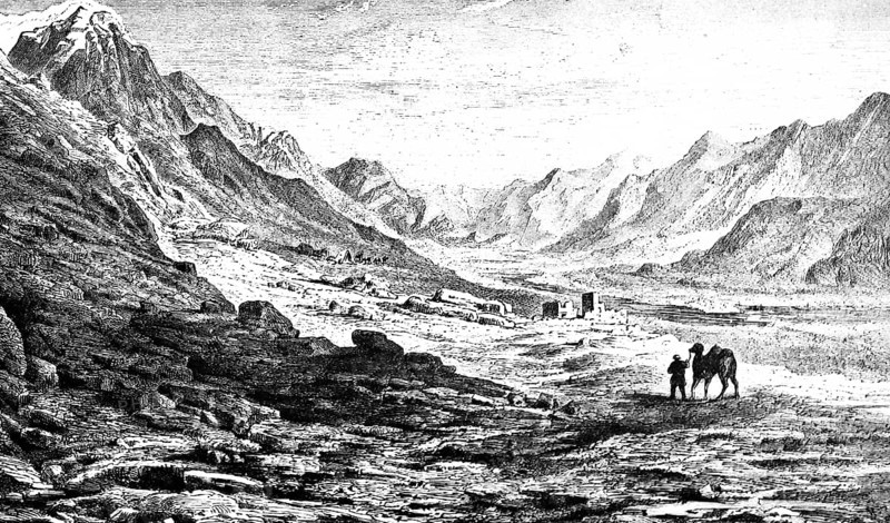 Barren mountain landscape in Turkistan, valley, scree, rocks, man leading camel, house, solitude, region in Central Asia, historical view, Seydlitz Geography 1885