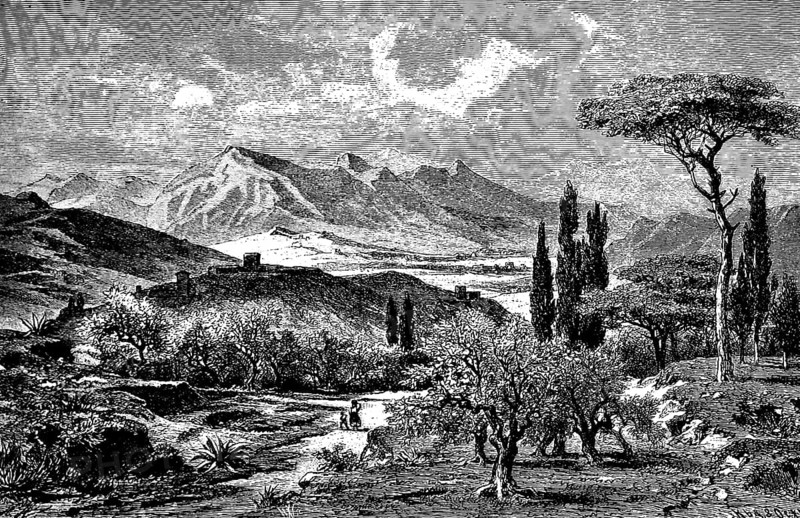 Mid-mountain landscape of the Apennines near Perugia, alpine mountain system, cypresses, olive trees, Algarve, sandy path, mother with child, beautiful landscape, idyll, popular holiday destination, Italy, historical view, Seydlitz Geography 1885