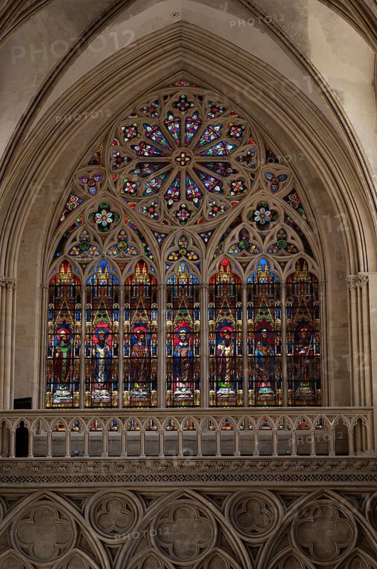 Interior view, stained glass window, coloured church windows, Cathédrale Notre-Dame de Bayeux, Bayeux, Calvados, France