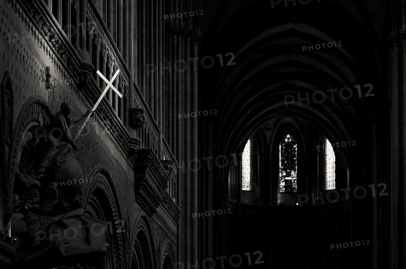 Interior view, angel on pulpit, holding a shining sword, Cathédrale Notre-Dame de Bayeux, black and white, Bayeux, Calvados, France