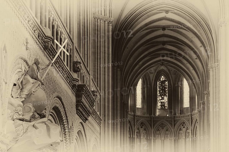 Interior shot, angel on pulpit, holding a shining sword, Cathédrale Notre-Dame de Bayeux, black and white, retro, vintage, Bayeux, Calvados, France
