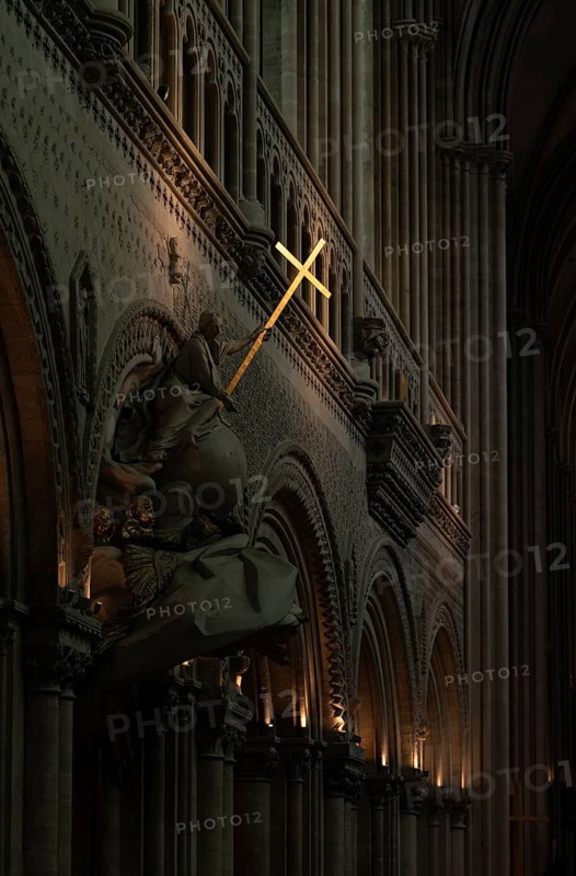 Interior view, angel on pulpit, holding a shining golden sword, Cathédrale Notre-Dame de Bayeux, Bayeux, Calvados, France