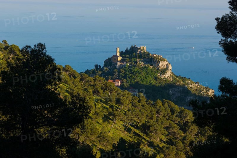 Picturesque mountain village above the sea, sunset, Èze, Cote d'Azur, Alpes-Maritimes, Provence-Alpes-Cote-d'Azur, South of France, France