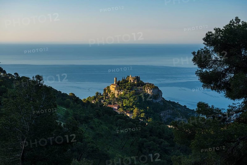 Picturesque mountain village above the sea, sunrise, Èze, Cote d'Azur, Alpes-Maritimes, Provence-Alpes-Cote-d'Azur, South of France, France