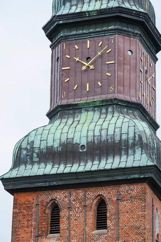 Church tower with clock, St Laurentius Church, town church, market, old town, Tönning, North Frisia, Schleswig-Holstein, Germany