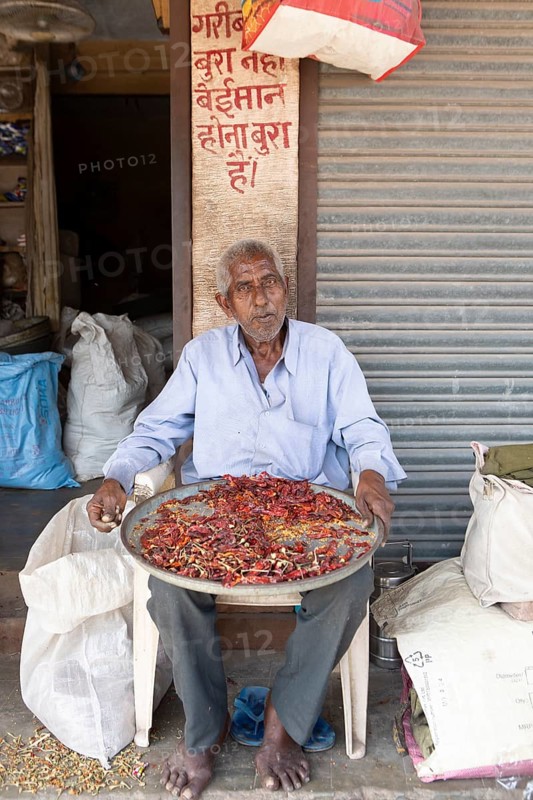 Indian man with chillies, Sandar Market Girdikot, old town of Jodhpur, Rajasthan, India