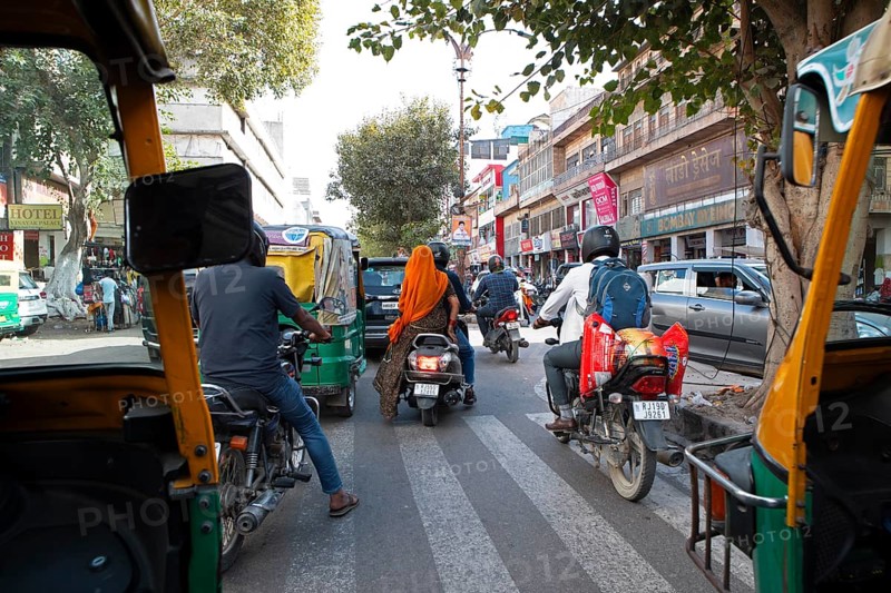 Street scene seen from a rickshaw or tuk tuk, old town of Jodhpur, Rajasthan, India