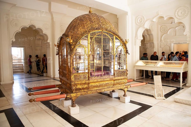 Golden palanquin in the Mehrangarh or Meherangarh fortress, Jodhpur, Rajasthan, India