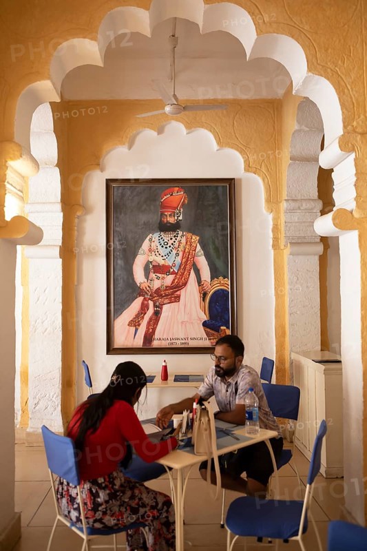 Picture of a mahajah in a café in the Mehrangarh or Meherangarh fortress, Jodhpur, Rajasthan, India