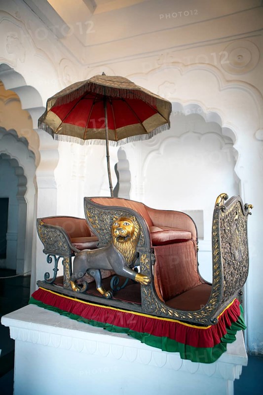 Golden palanquin in the Mehrangarh or Meherangarh fortress, Jodhpur, Rajasthan, India