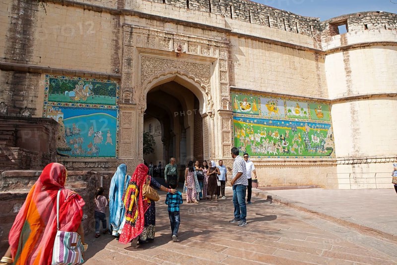 Indian tourists at the Tor tor of Mehrangarh or Meherangarh Fort, Jodhpur, Rajasthan, India
