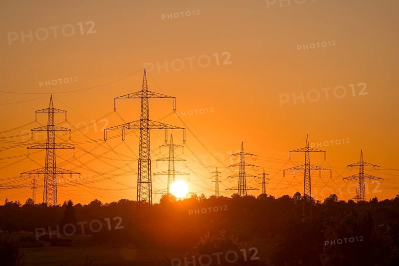 Clearly defined silhouettes of power lines in the golden light of sunset, Waiblingen, Baden-Württemberg, Germany