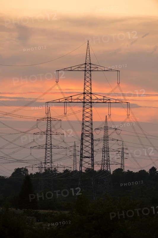 Sunset with numerous electricity pylons and a calm, dramatic atmosphere, Waiblingen, Baden-Württemberg, Germany
