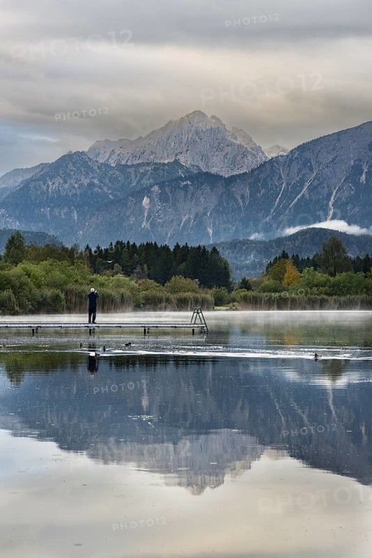 Man (60-70) with dog on a wooden footbridge at sunrise, Hopfensee, near Füssen, Ostallgäu, behind the Tannheimer mountains, Allgäu, Bavaria, Germany
