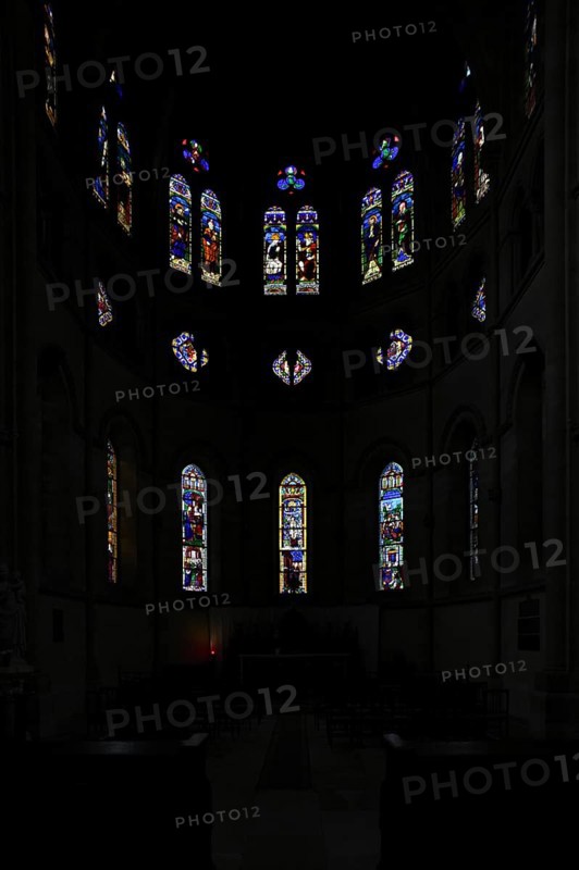 Stained glass window, coloured church window, choir with altar, interior view, Église Notre-Dame Cathedral, Épernay, Champagne, Marne, France