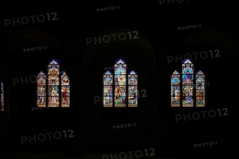 Interior view, stained glass window, coloured stained glass, church Église Saint-Pierre et Saint-Paul, Épernay, Champagne, Marne, France