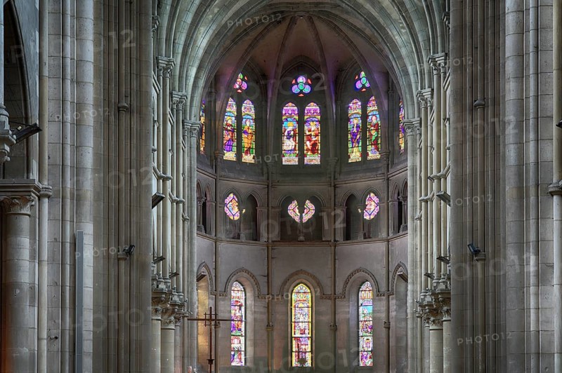 Stained glass window, coloured church window, choir, interior view, Église Notre-Dame Cathedral, Épernay, Champagne, Marne, France