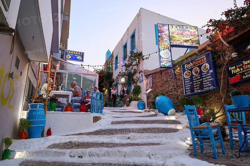Riga Fereou, Steps of Kos, famous alley, narrow staircase in picturesque alleyway with taverns and colourfully decorated ambience, Kos Town, Kos, Dodecanese, Greek Islands, Greece