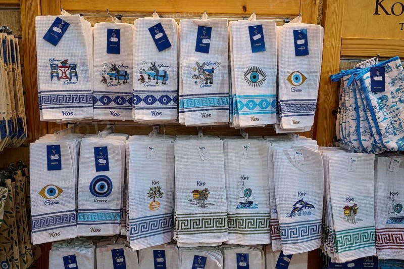 Ifestou Alley, Decorated kitchen towels with Greek motifs as souvenirs, Kos Town, Kos, Dodecanese, Greek Islands, Greece