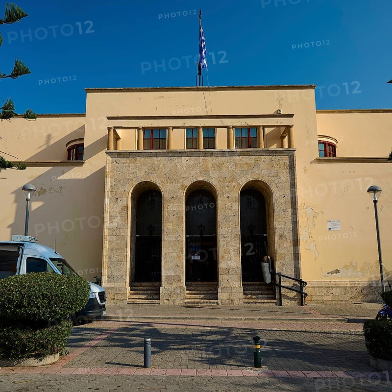Archaeological Museum, Strict building with stone staircase and Greek flag, Kos Town, Kos, Dodecanese, Greek Islands, Greece