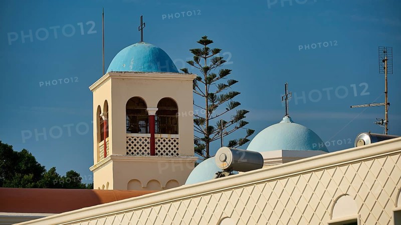 Church, Panagia Agia Paraskevi, building with blue bell tower and dome, surrounded by antennas, Kos Town, Kos, Dodecanese, Greek Islands, Greece
