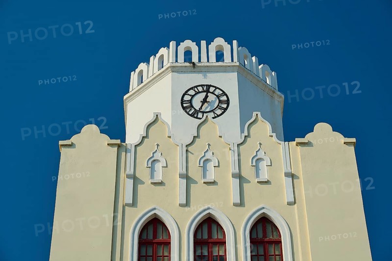 Palace of Justice, colonial building, detailed view of a white clock tower with distinctive architectural features, Kos Town, Kos, Dodecanese, Greek Islands, Greece