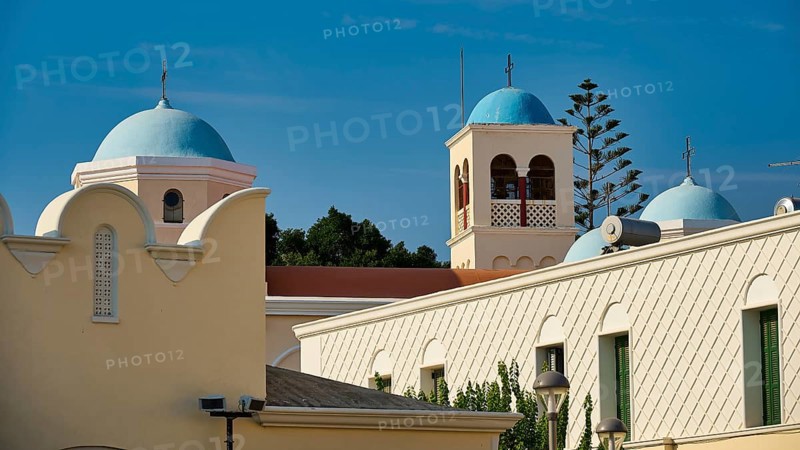 Church, Panagia Agia Paraskevi, Traditional architecture with blue domes and bell tower, Kos Town, Kos, Dodecanese, Greek Islands, Greece