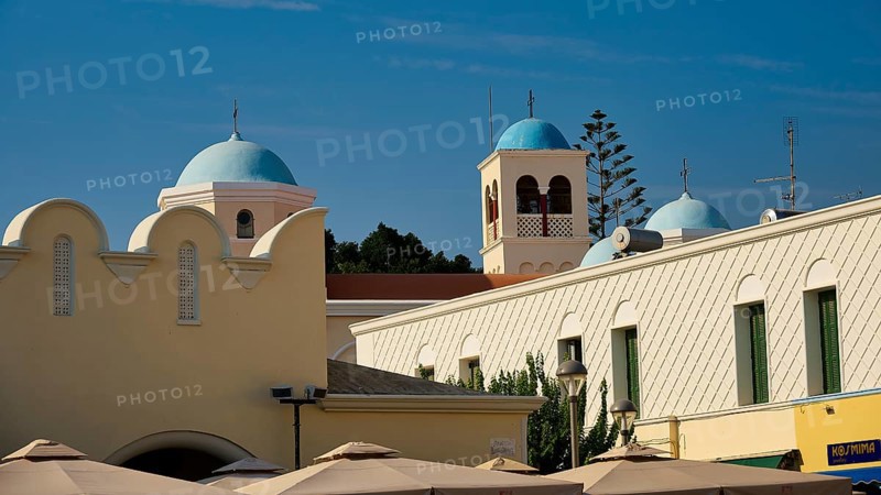Church, Panagia Agia Paraskevi, domed buildings under a blue sky with traditional architectural elements, Kos Town, Kos, Dodecanese, Greek Islands, Greece