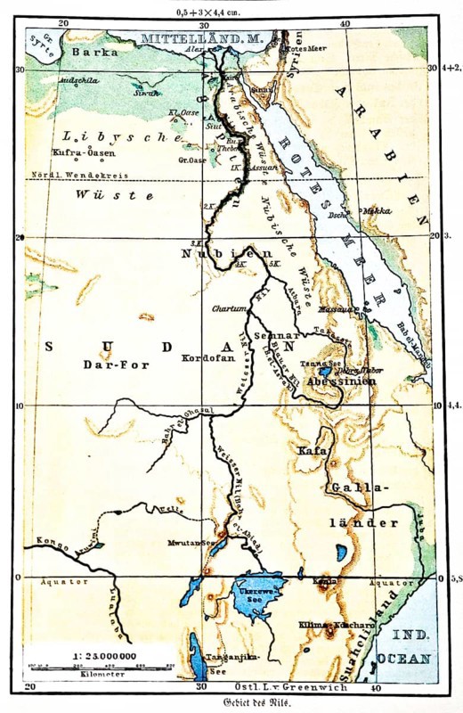 The Nile, historical geographical map, topography, latitude and longitude, scale, distance in kilometres, Sudan, Libyan Desert, White Nile, Blue Nile, Lake Victoria, Red Sea, Nubia, Abyssinia, Kufra Oases, Kafa, Cairo, Tropic of Capricorn, Seydlitz Geography 1885