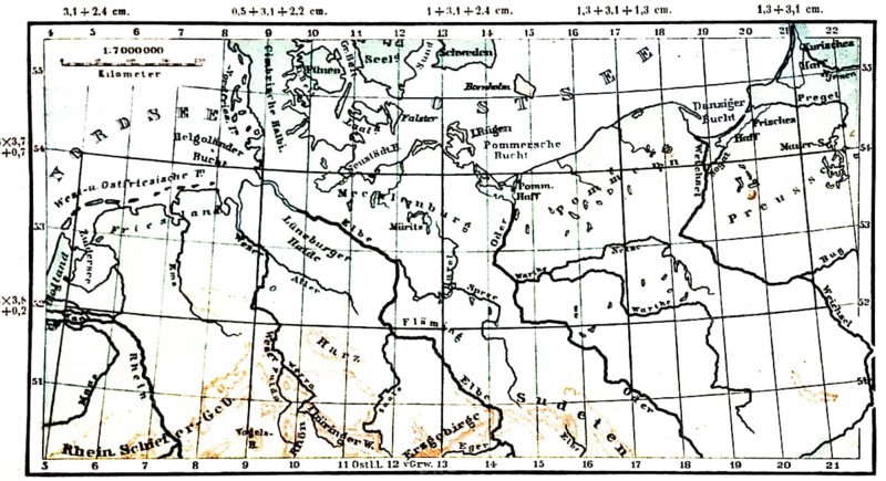 North German Plain, historical geographical map, topography, North Sea, Baltic Sea, Mecklandburg, Pomerania, Prussia, Harz Mountains, Ore Mountains, Frisian Islands, Cimbrian Peninsula, latitude and longitude, scale, distance in kilometres, Seydlitz Geography 1885