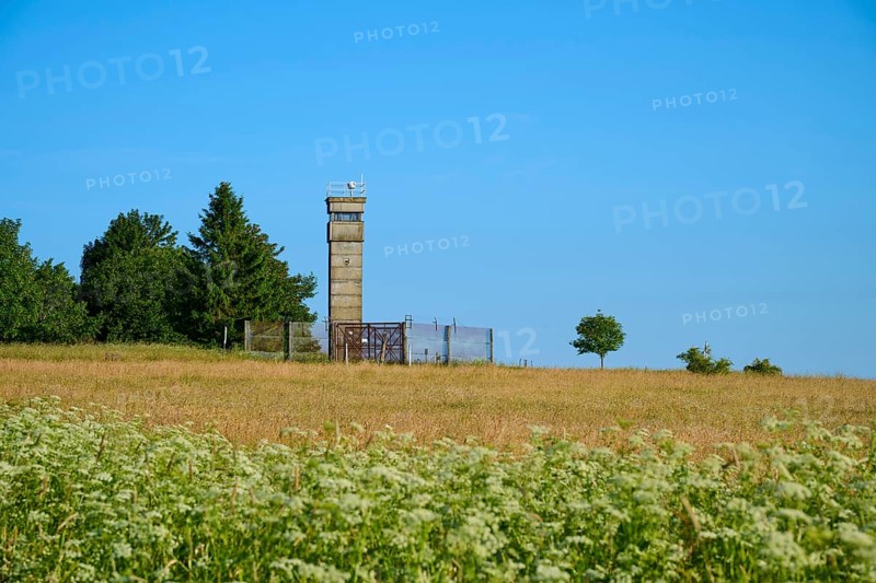 Meadow with an isolated watchtower of the former inner-German border next to a green tree and meadows, summer, Fladungen, Frankenheim, Hohe Rhön, Rhön, Hesse, Thuringia, Bavaria, Germany