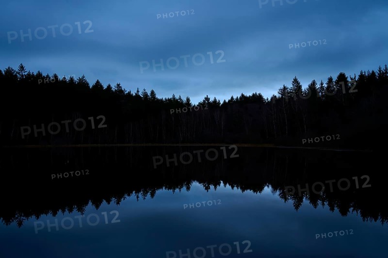 A quiet night scene with dark forest and reflection in the still water of a lake, Mülbenersee, Mülben, Odenwald, Baden-Württemberg, Germany
