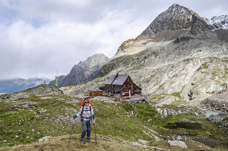 Hiker on the way to the Adolf Nossberger Hut, Schober Group, Hohe Tauern National Park, Carinthia, Austria