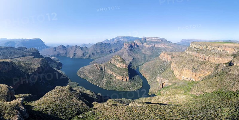 Blyde River Canyon with Three Rondawels peak, view of canyon with Blyde River and Table Mountains, canyon landscape, Panorama Route, Mpumalanga, South Africa