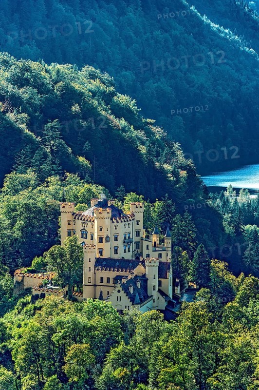 View from Neuschwanstein Castle to Hohenschwangau Castle, behind Schwansee, Schwangau, Königswinkel, Ostallgäu, Allgäu, Swabia, Bavaria, Germany
