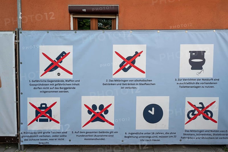 Board with prohibition notices depicted in pictograms, Erlanger Bergkirchweih, traditional twelve-day folk festival, Erlangen, Middle Franconia, Bavaria, Germany