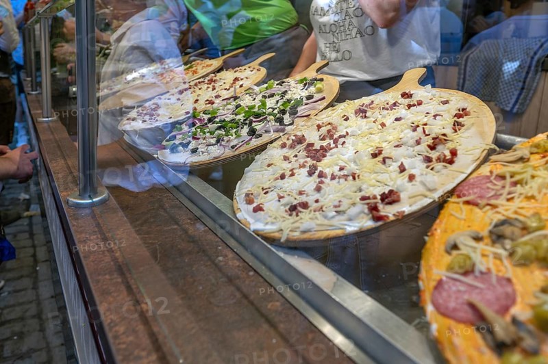 Various tarte flambée toppings at the Erlangen Bergkirchweih, traditional twelve-day folk festival, Erlangen, Middle Franconia, Bavaria, Germany