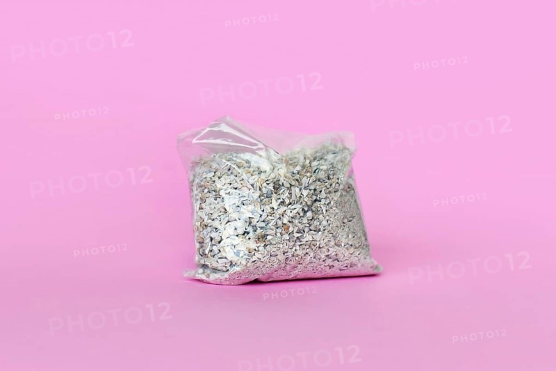 Small plastic bag containing ash of a pet cat after cremation on pink background