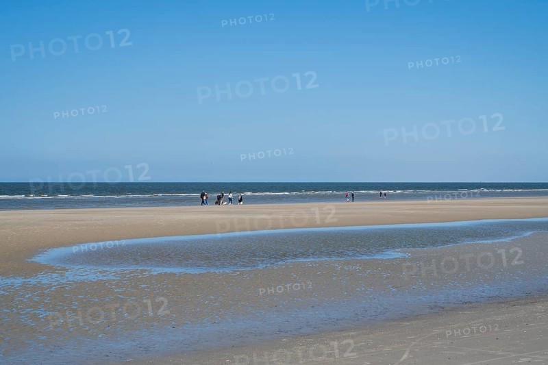 Sandbank, people on the coast, blue sky, Sankt Peter Ording, Eiderstedt, North Frisia, North Sea, Schleswig-Holstein, Germany