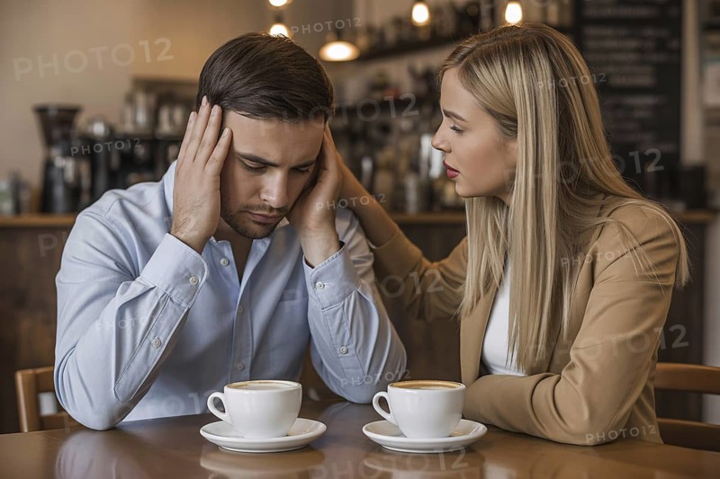 Female friend comforting male friend in café. Concept of mankeeping and women's invisible emotional labor in friendships. Generative ai, AI generated