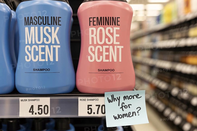 Pink tax concept with two gendered shampoo bottles priced differently. Blue masculine and pink feminine bottle with sticky note reading Why more for women?. Generative ai, AI generated