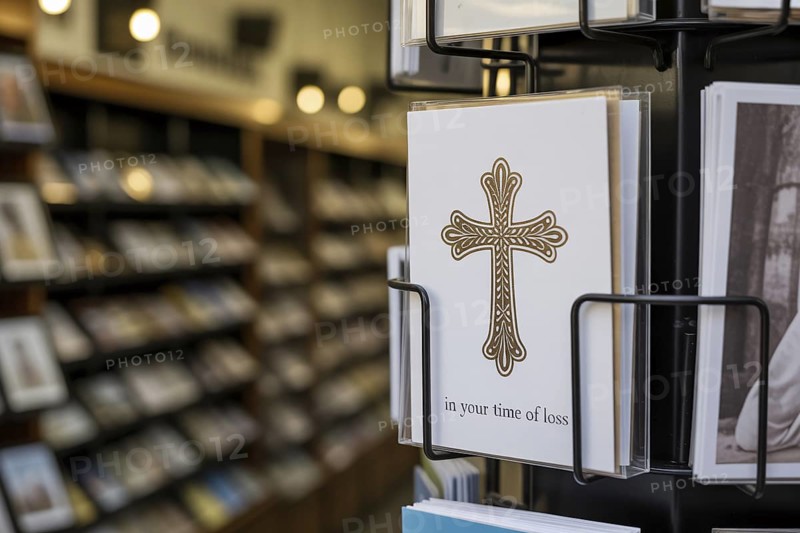 Condolence card with In your time of loss text and religious cross displayed in a card rack at a shop. Generative ai, AI generated
