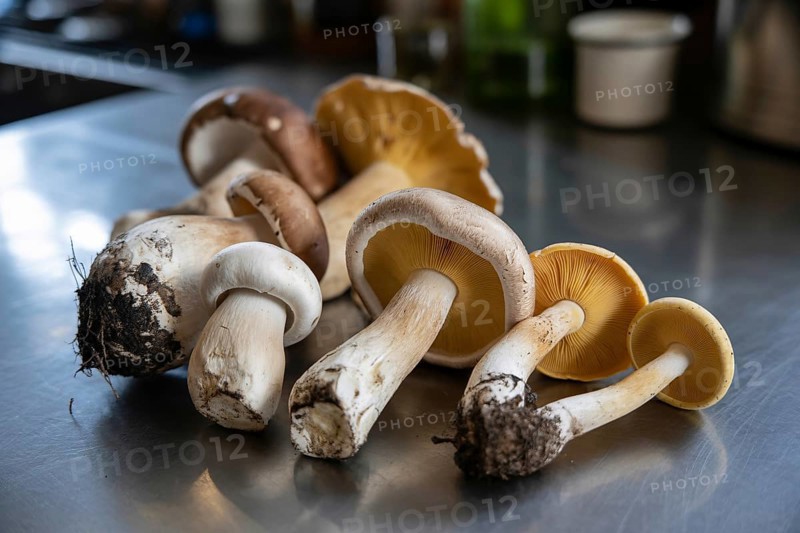Different sized wild mushrooms spread on kitchen counter after collecting. Highlights natural foraging and fresh ingredients for cooking. Generative ai, AI generated