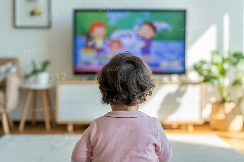 Back view of young child sitting in front of blurry TV screen showing cartoon. Captures screen time and early childhood media habits. Generative ai, AI generated