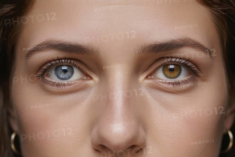 Woman's face showing heterochromia. One blue eye and one hazel eye. Generative ai, AI generated